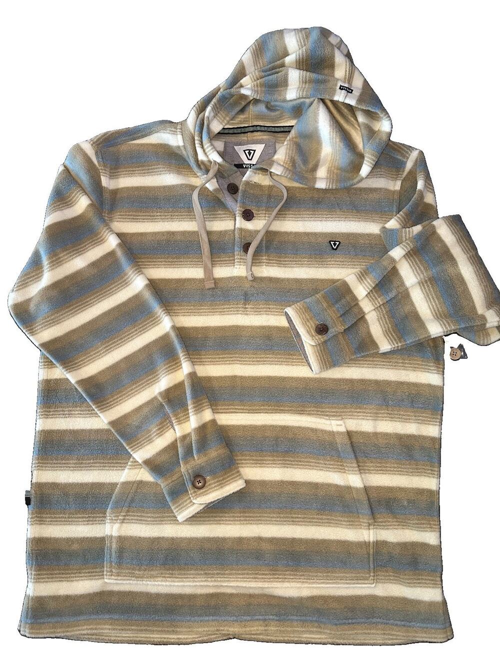 Vissla XL Blue Tan Cream Striped Fleece Pullover Hoodie 3-Button Pockets